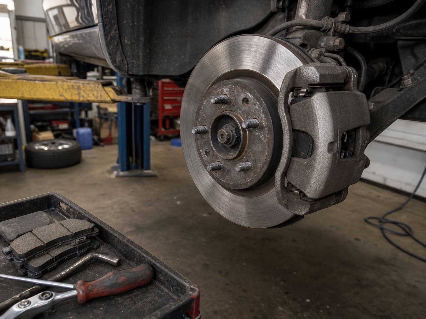 Brake rotor and caliper being serviced in a working auto repair bay