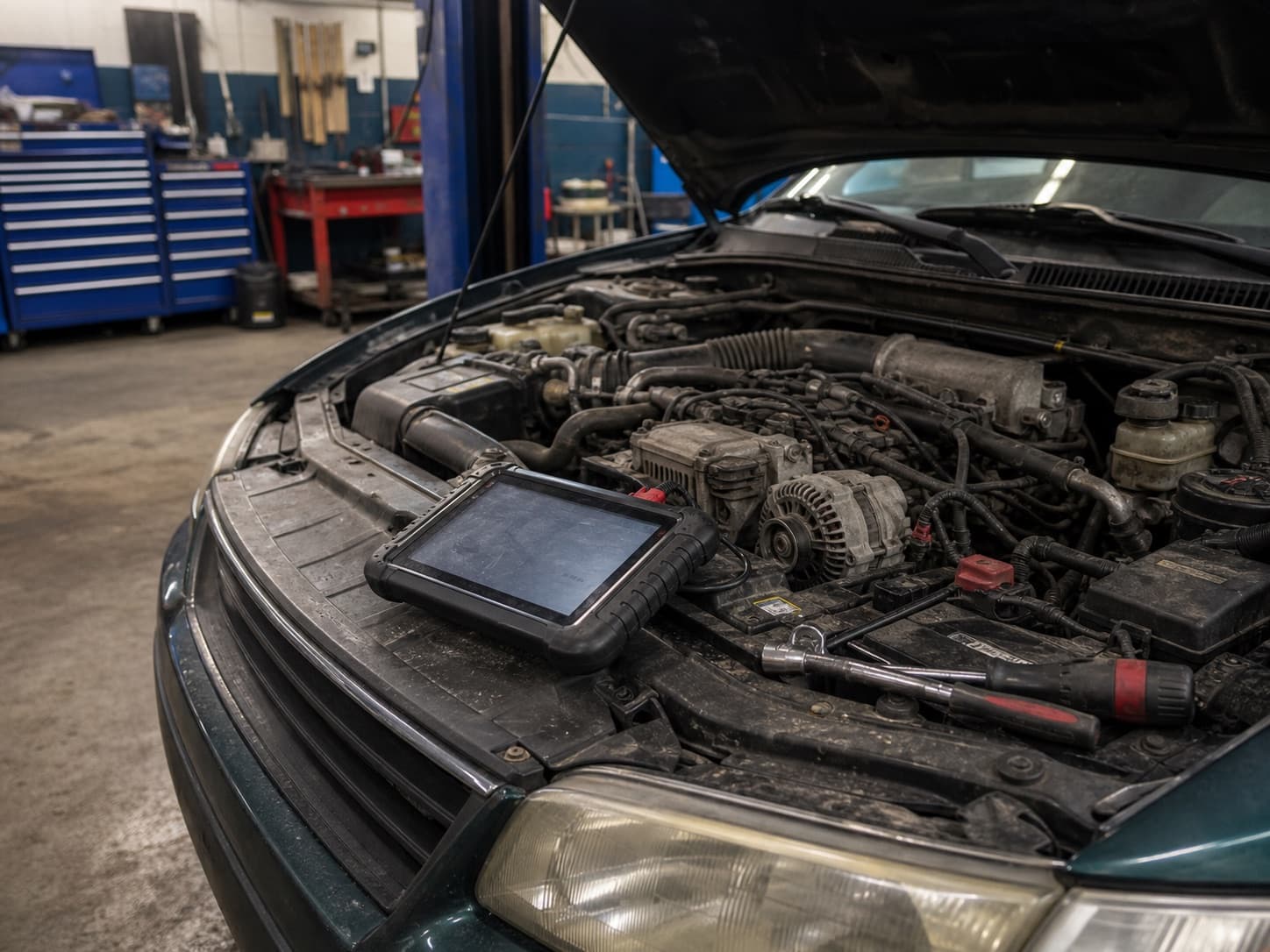Vehicle engine bay diagnostic check in a working auto repair bay