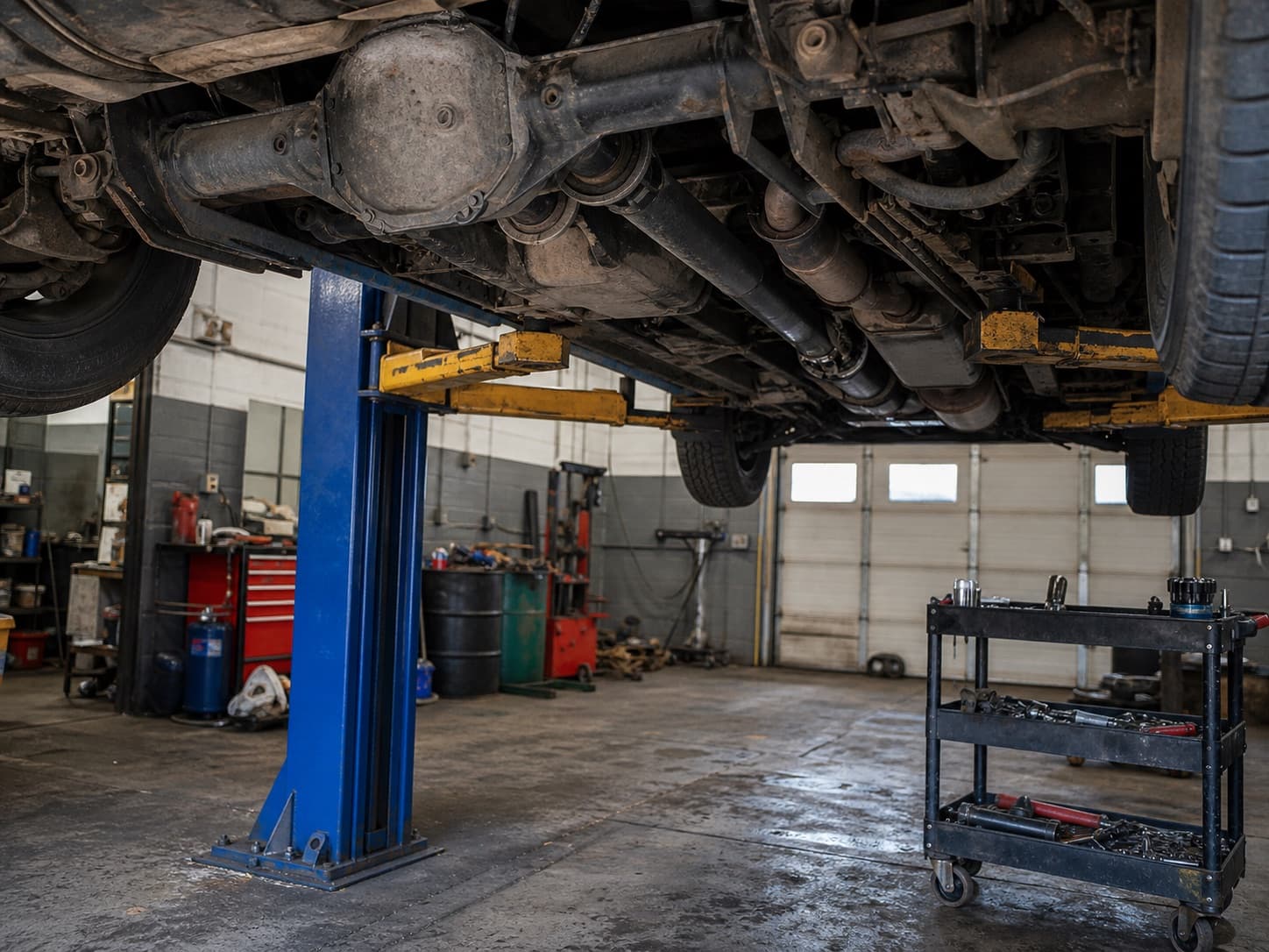 Vehicle drivetrain underside on a lift in a working repair bay