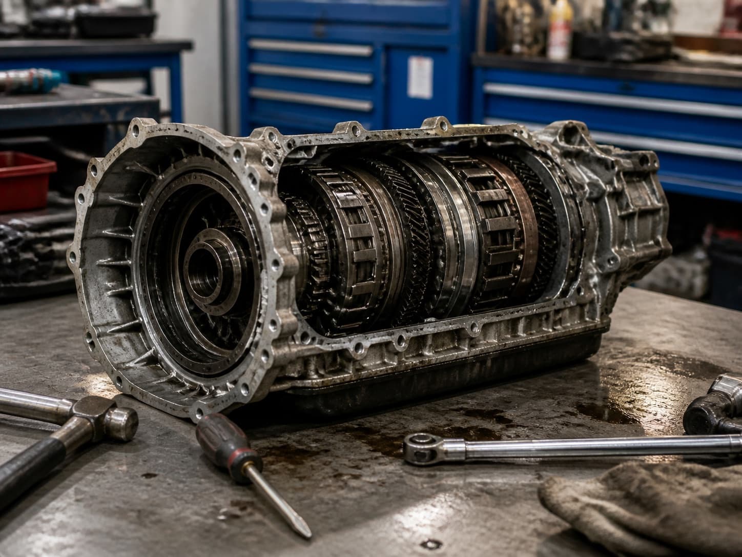 Open transmission assembly on a shop workbench